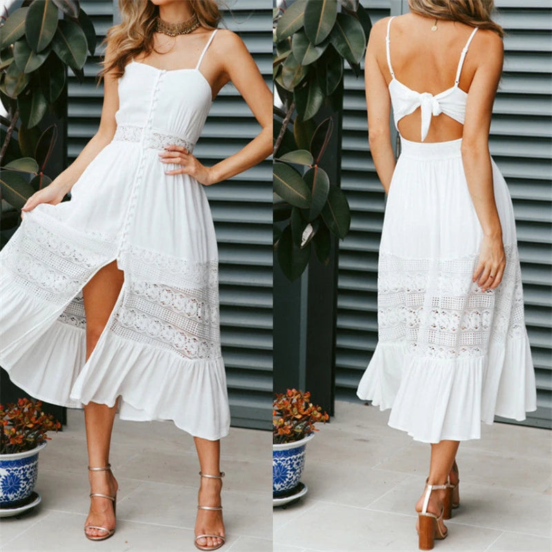 Lace Trim Strappy Midi Swing Dress