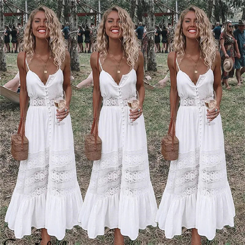Lace Trim Strappy Midi Swing Dress