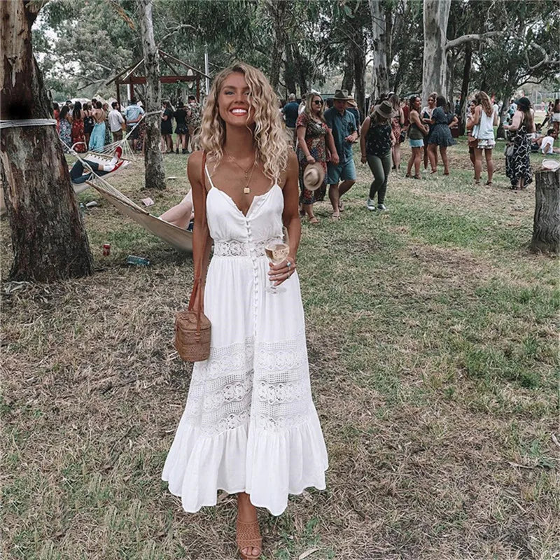 Lace Trim Strappy Midi Swing Dress