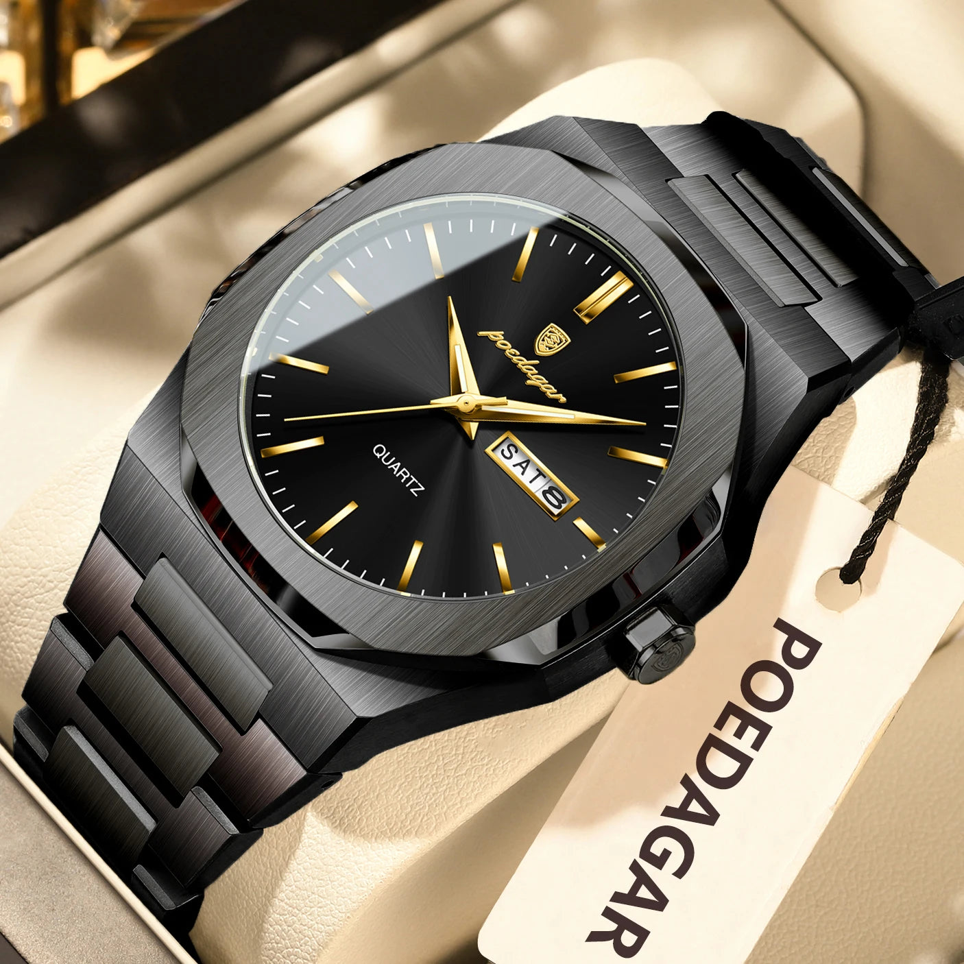 POEDAGAR Luminous Stainless Steel Quartz Watch