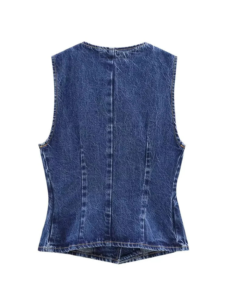 Women's Blue Denim Cropped Vest