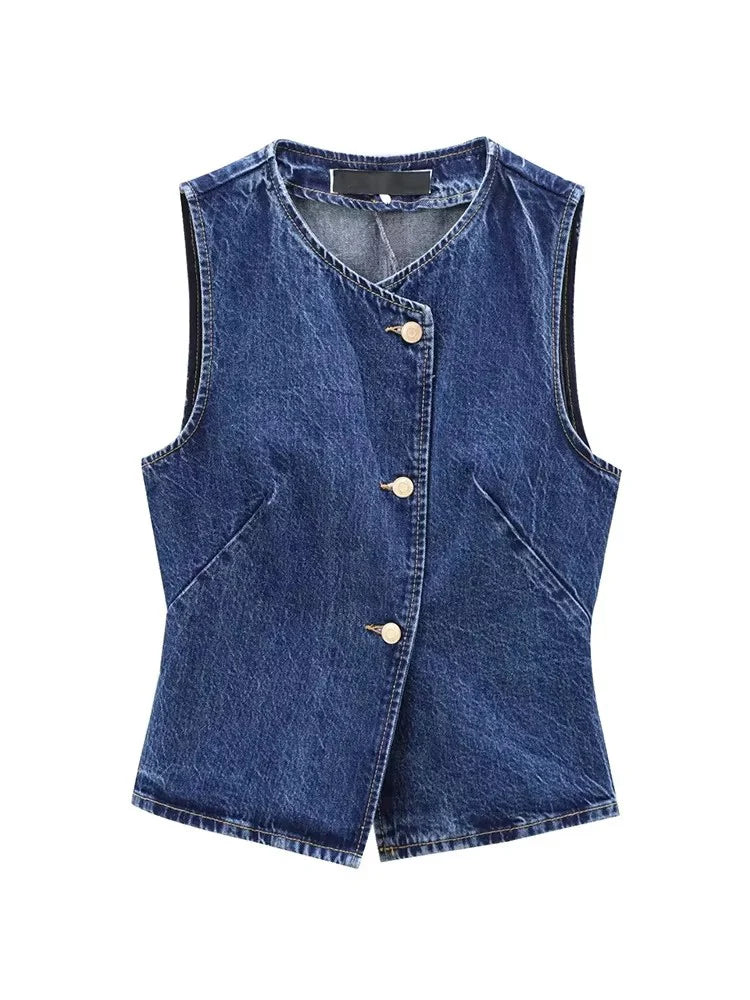 Women's Blue Denim Cropped Vest