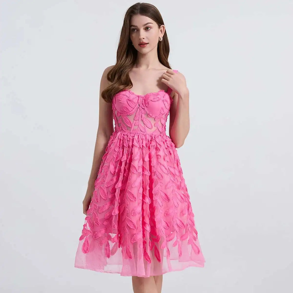 3D Floral Button Pleated Midi Sundress