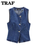 Women's Blue Denim Cropped Vest