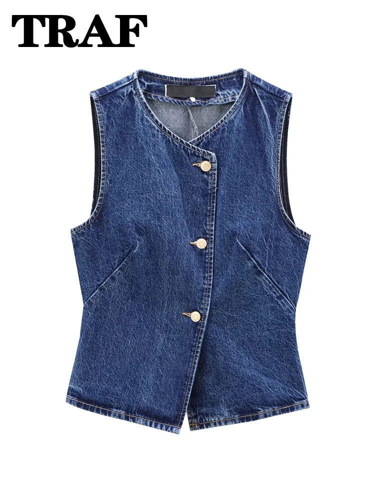 Women's Blue Denim Cropped Vest