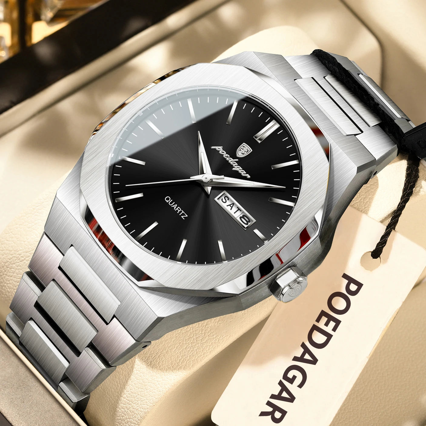 POEDAGAR Luminous Stainless Steel Quartz Watch