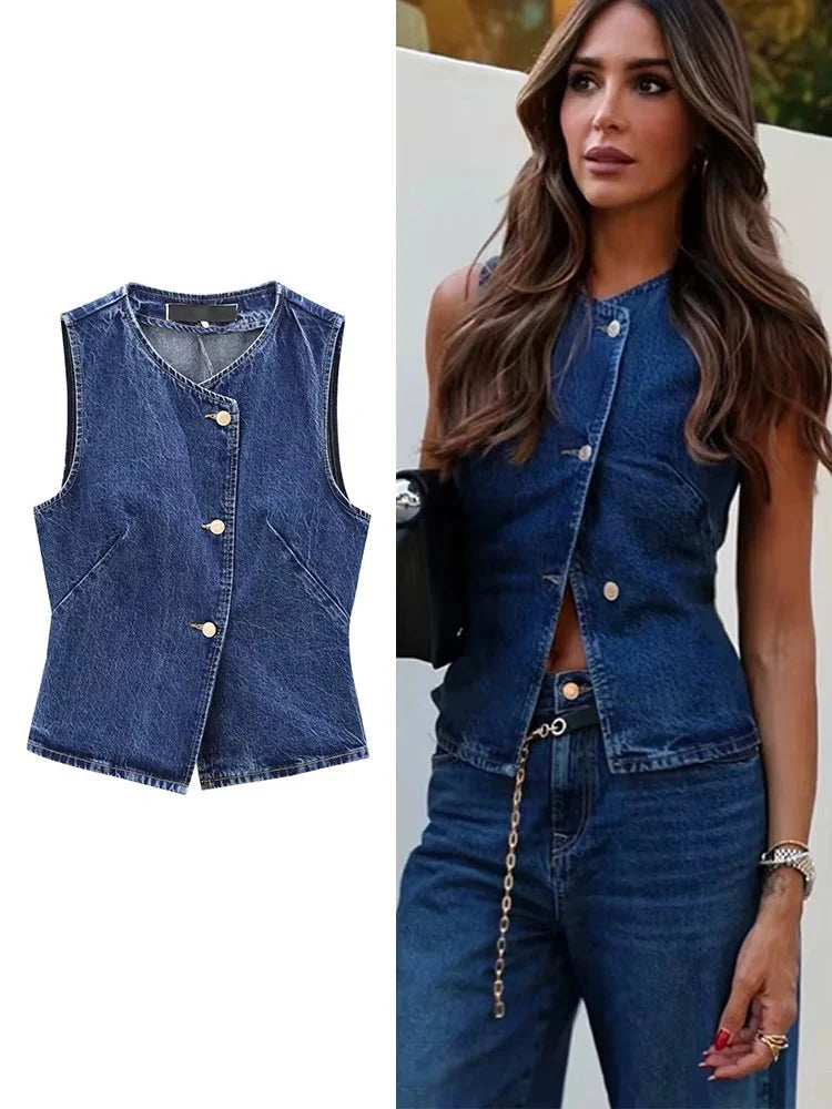 Women's Blue Denim Cropped Vest