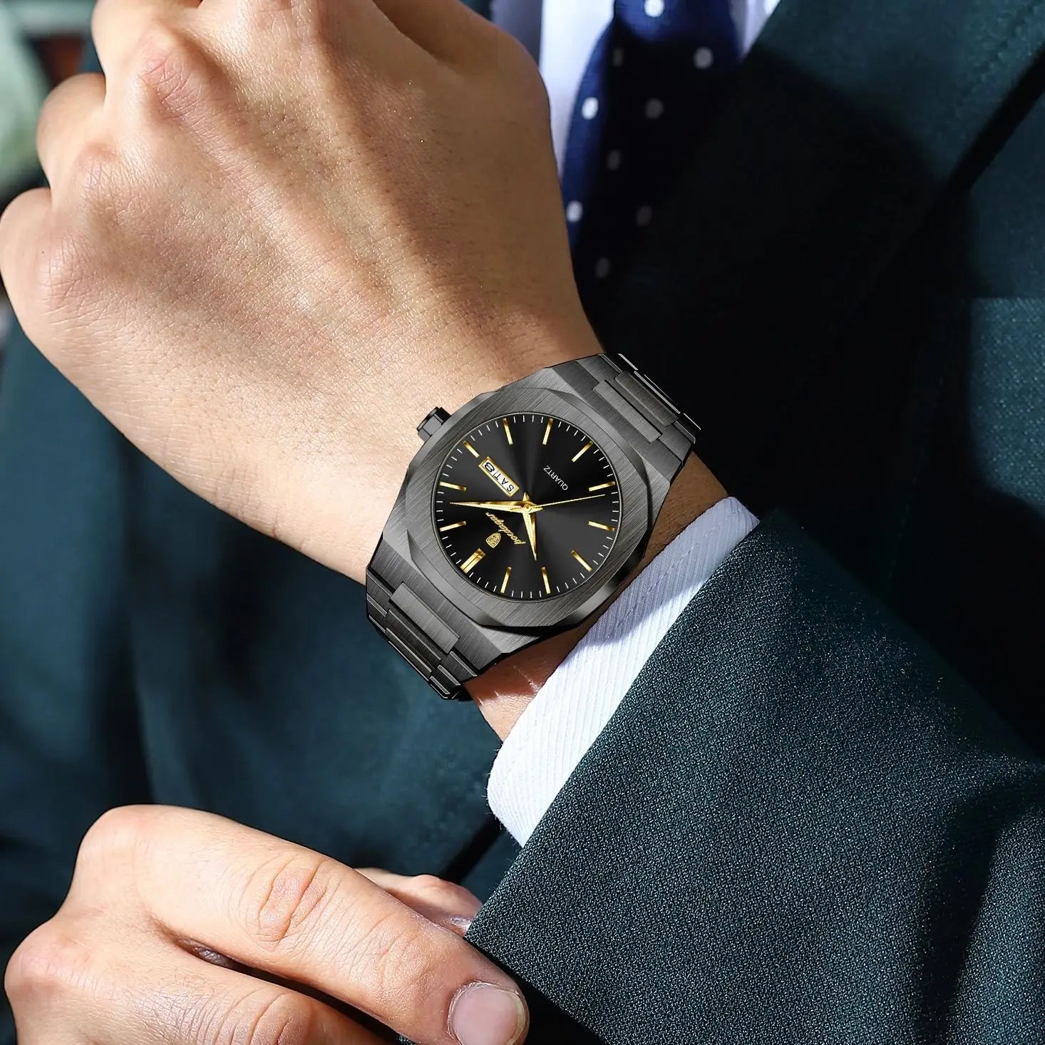 POEDAGAR Luminous Stainless Steel Quartz Watch