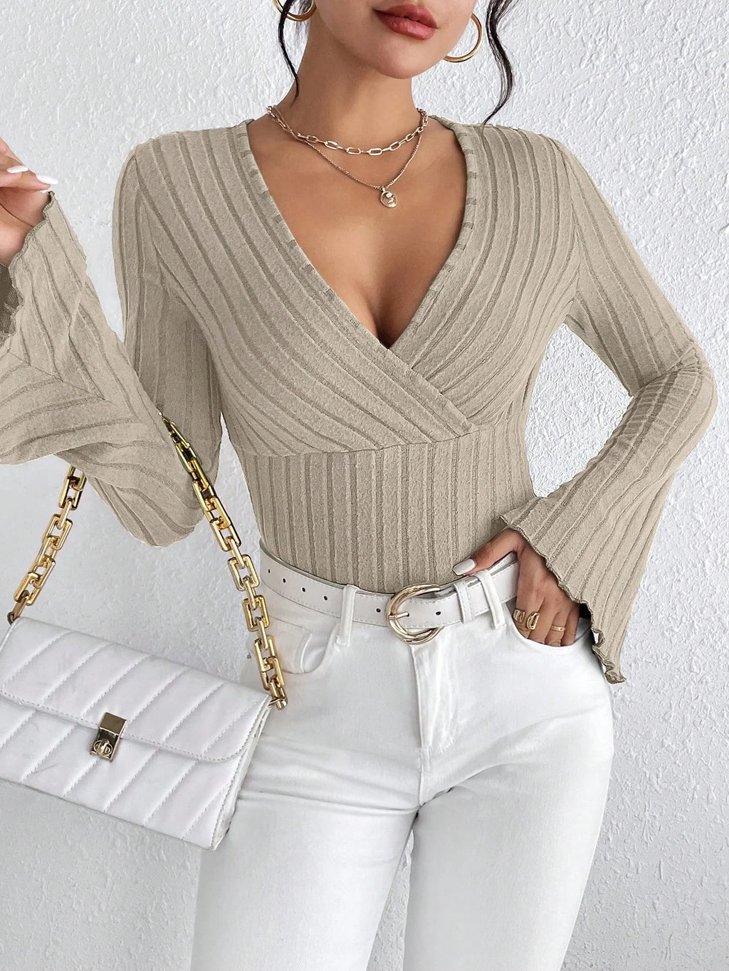 Women's V-Neck Striped Slim Knit Top