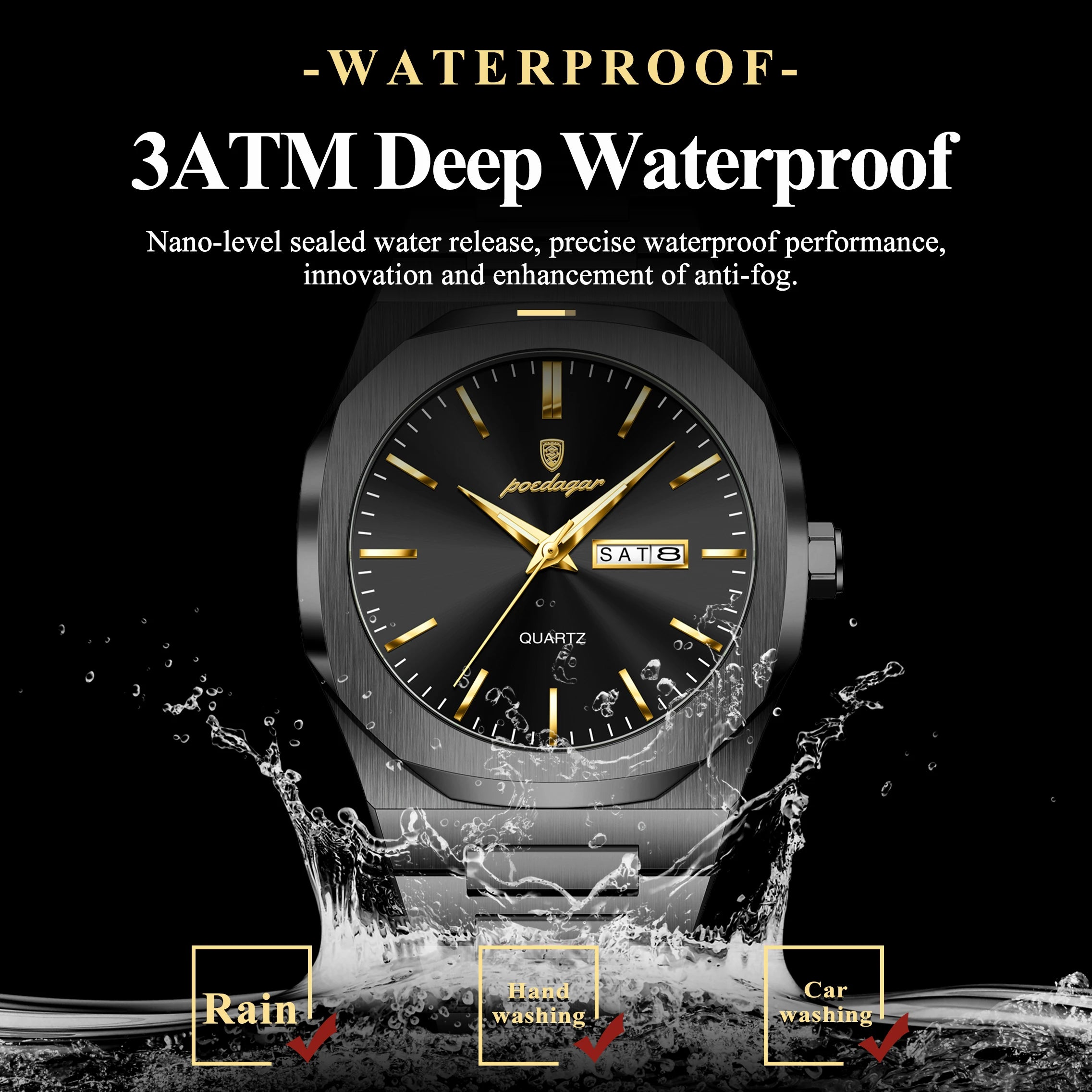 POEDAGAR Luminous Stainless Steel Quartz Watch