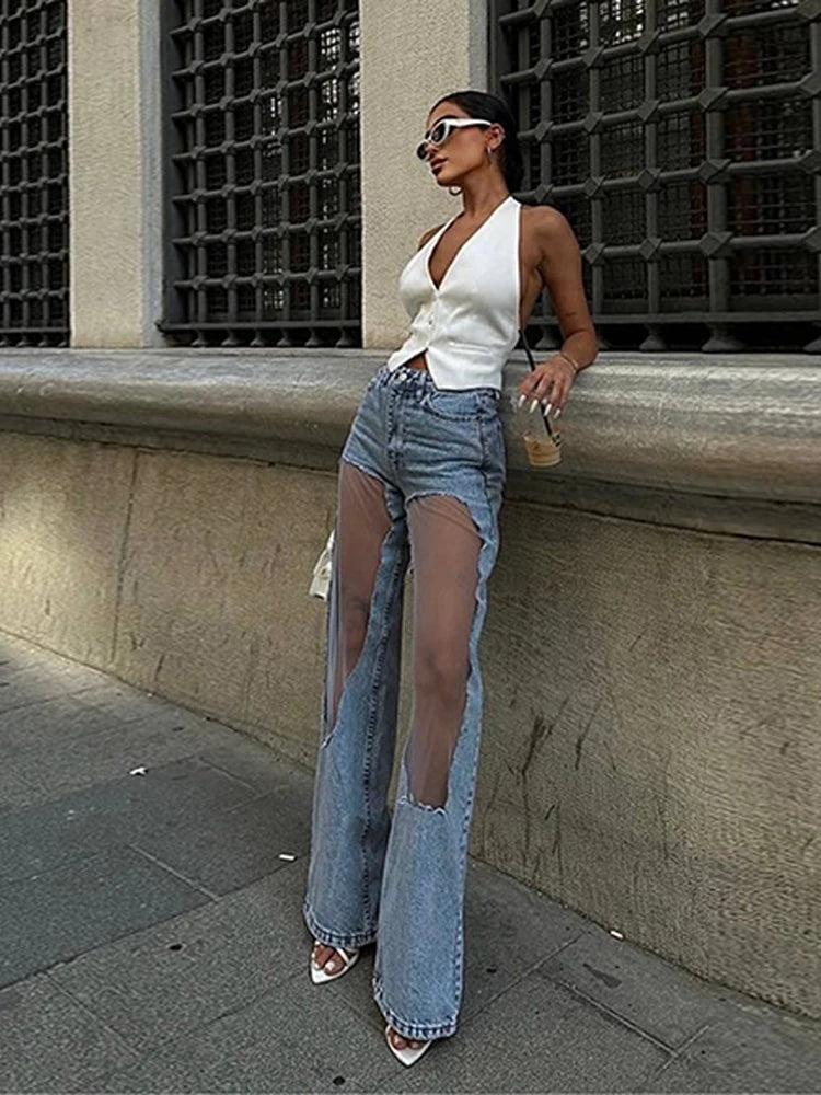 Mesh Patchwork Wide-Leg Denim Jeans