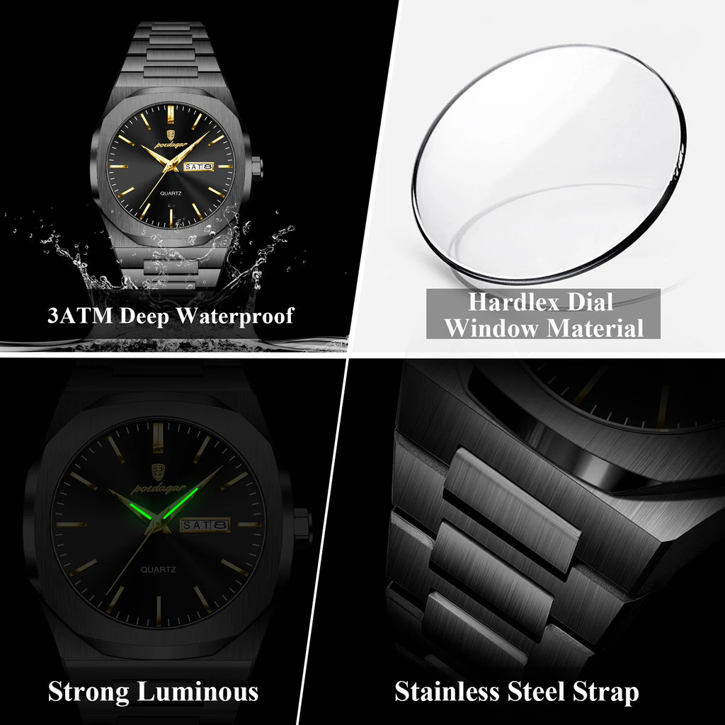 POEDAGAR Luminous Stainless Steel Quartz Watch