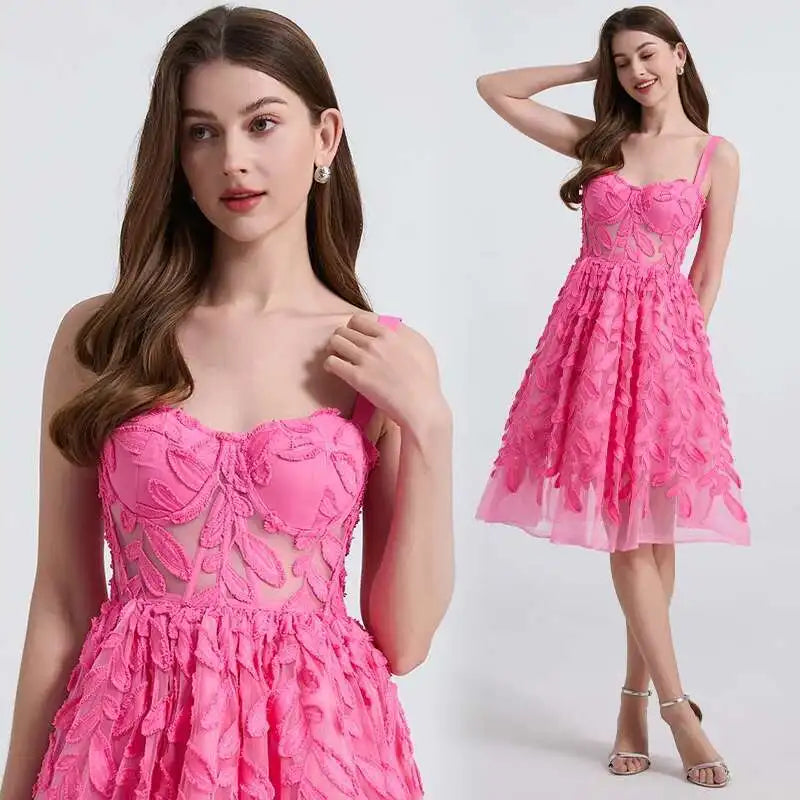 3D Floral Button Pleated Midi Sundress