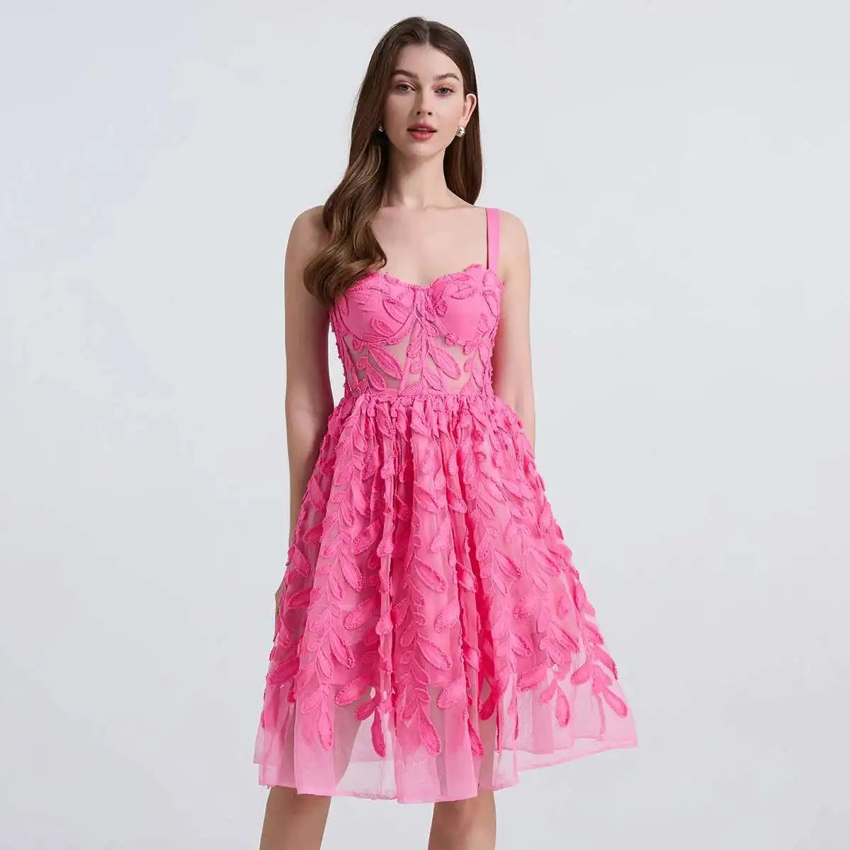 3D Floral Button Pleated Midi Sundress