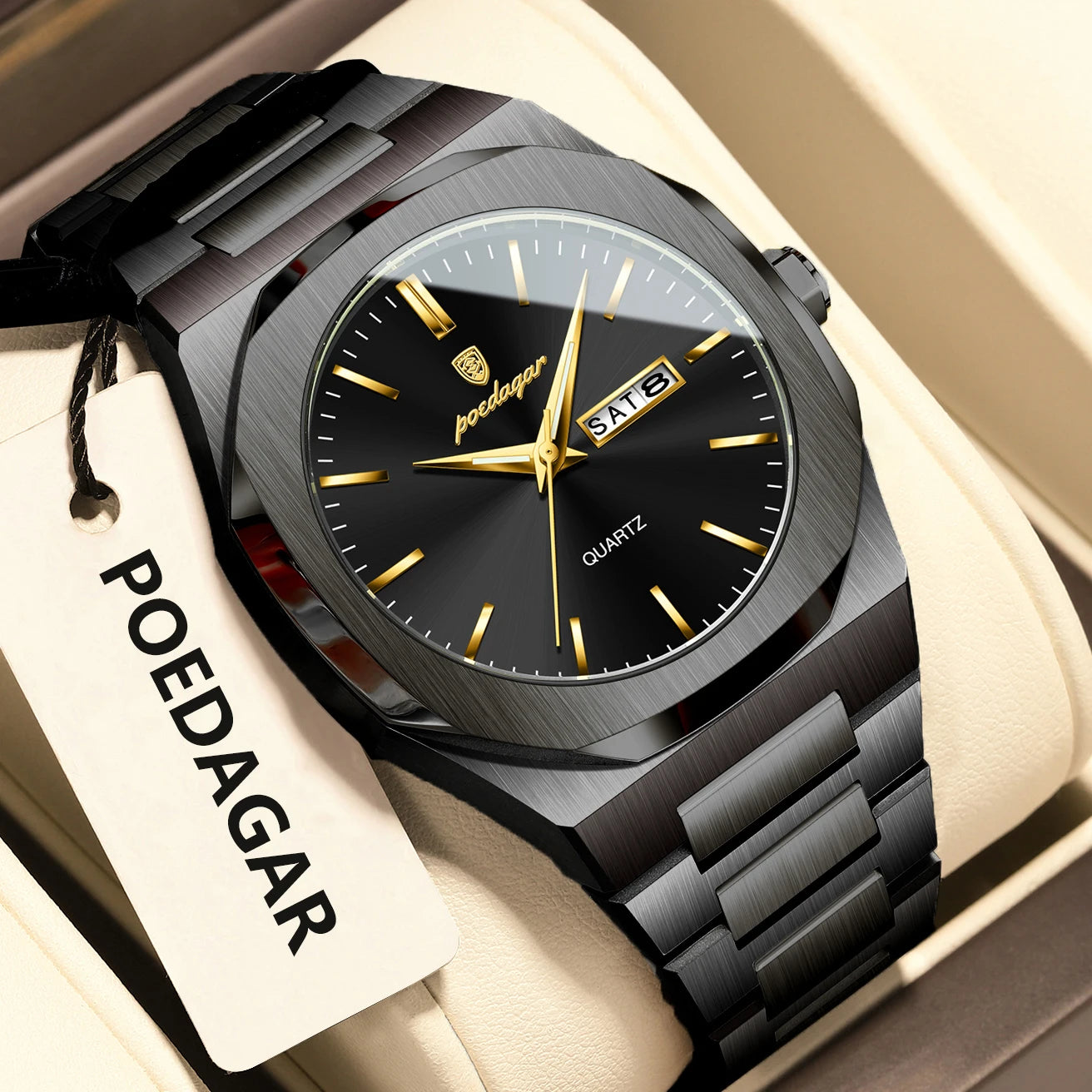 POEDAGAR Luminous Stainless Steel Quartz Watch