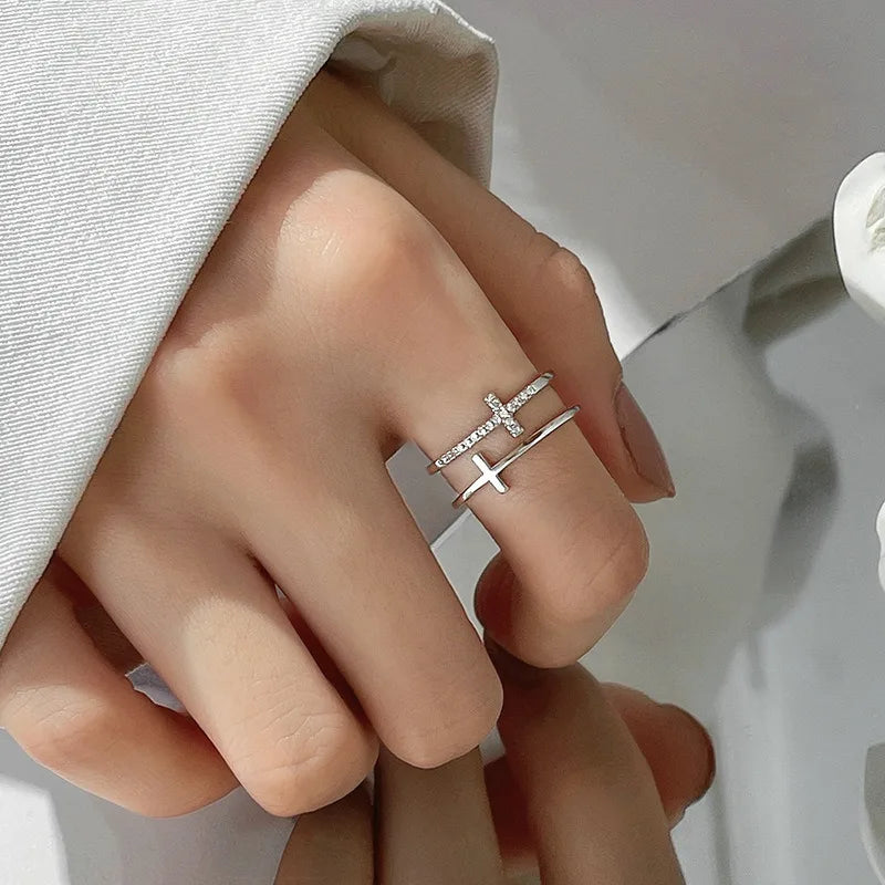 Double Cross Zircon Open Ring