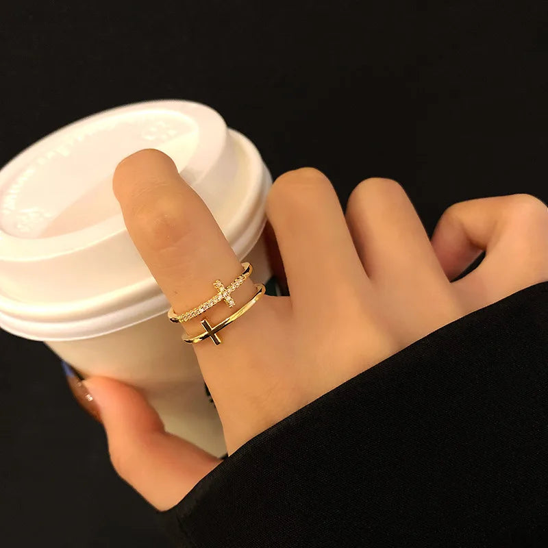 Double Cross Zircon Open Ring