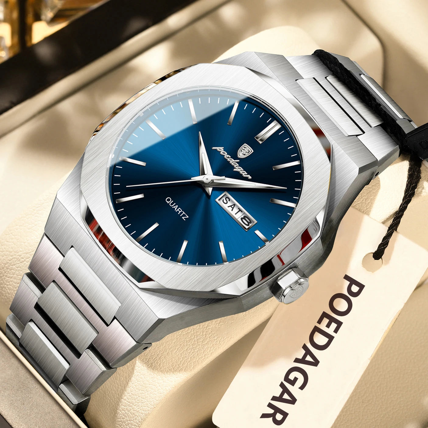 POEDAGAR Luminous Stainless Steel Quartz Watch
