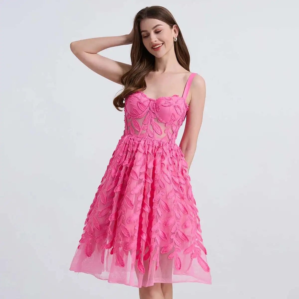 3D Floral Button Pleated Midi Sundress