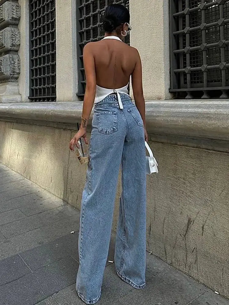 Mesh Patchwork Wide-Leg Denim Jeans