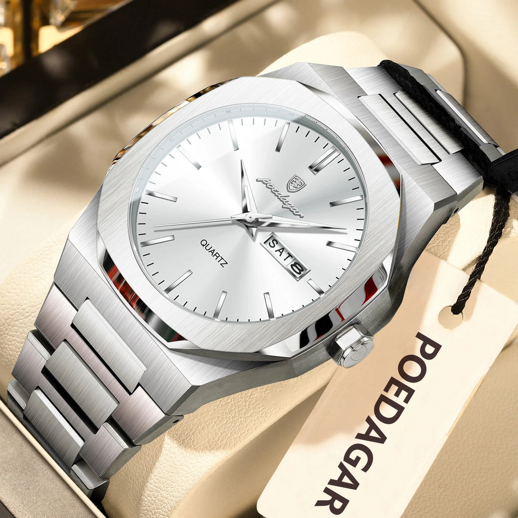 POEDAGAR Luminous Stainless Steel Quartz Watch