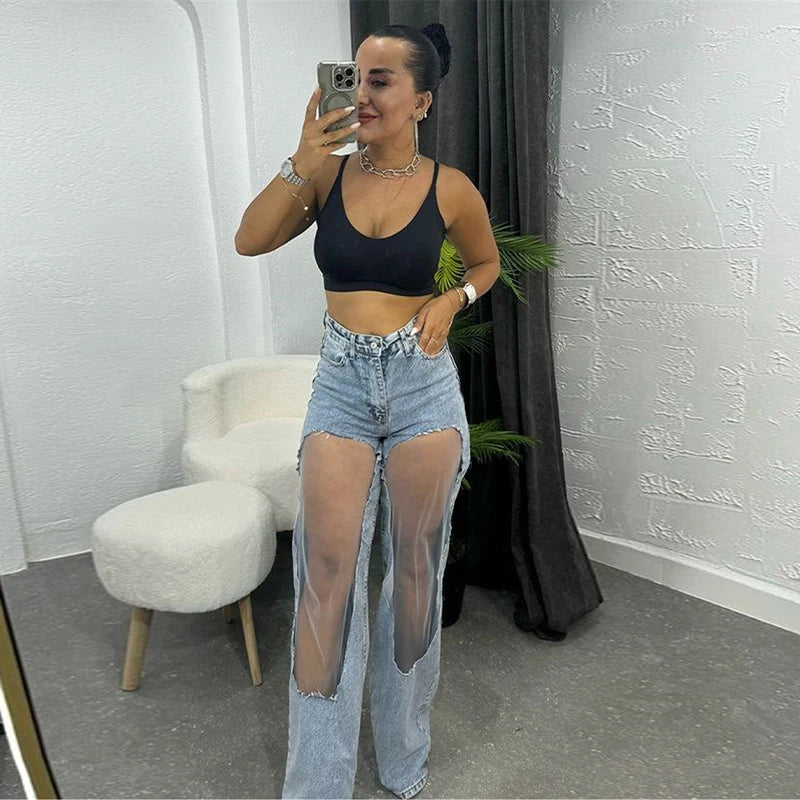 Mesh Patchwork Wide-Leg Denim Jeans