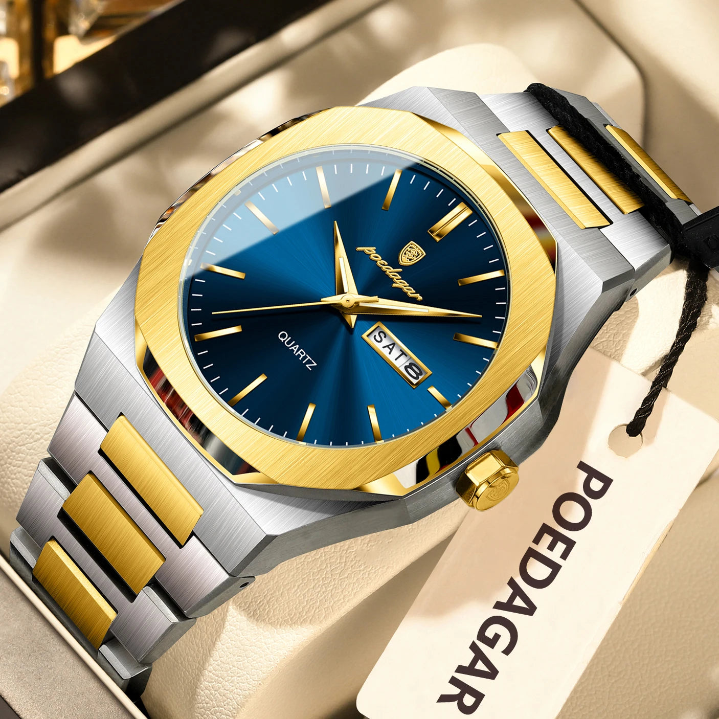 POEDAGAR Luminous Stainless Steel Quartz Watch