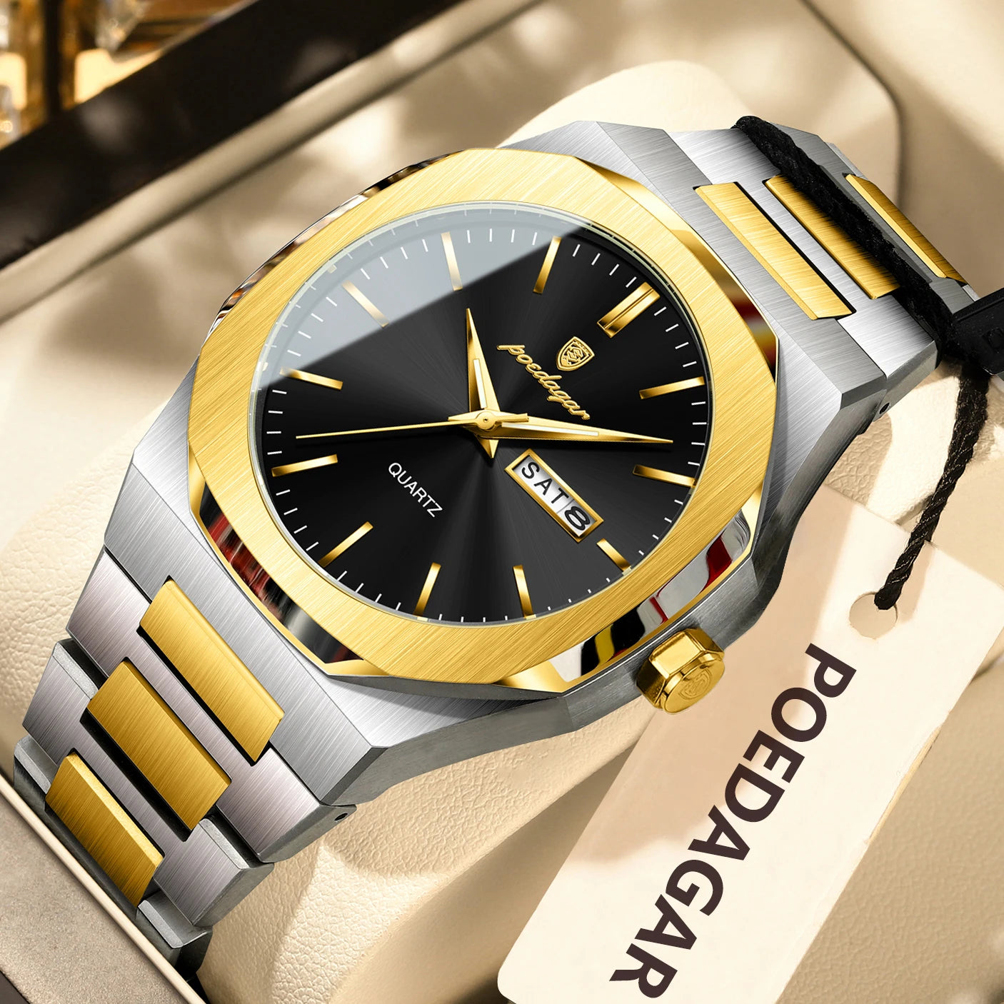 POEDAGAR Luminous Stainless Steel Quartz Watch